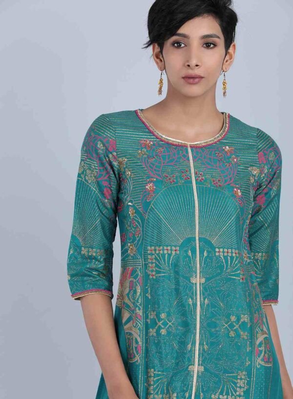 Green Round Neck Printed kurta - Image 5