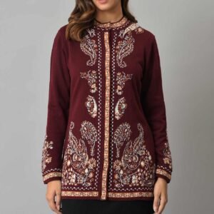 Wine Paisley Printed Short Cardigan