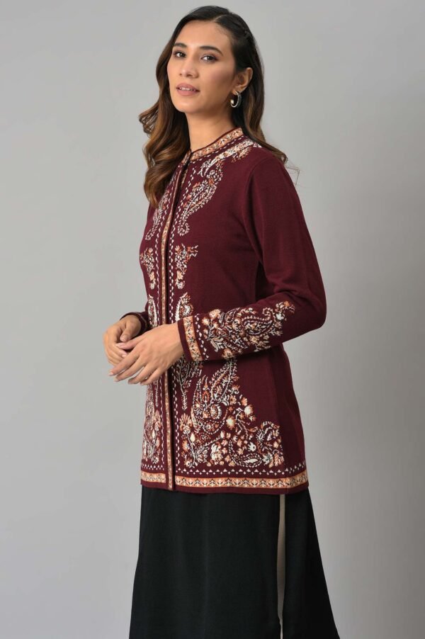 Wine Paisley Printed Short Cardigan - Image 3