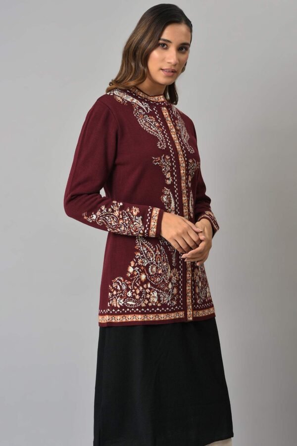 Wine Paisley Printed Short Cardigan - Image 4