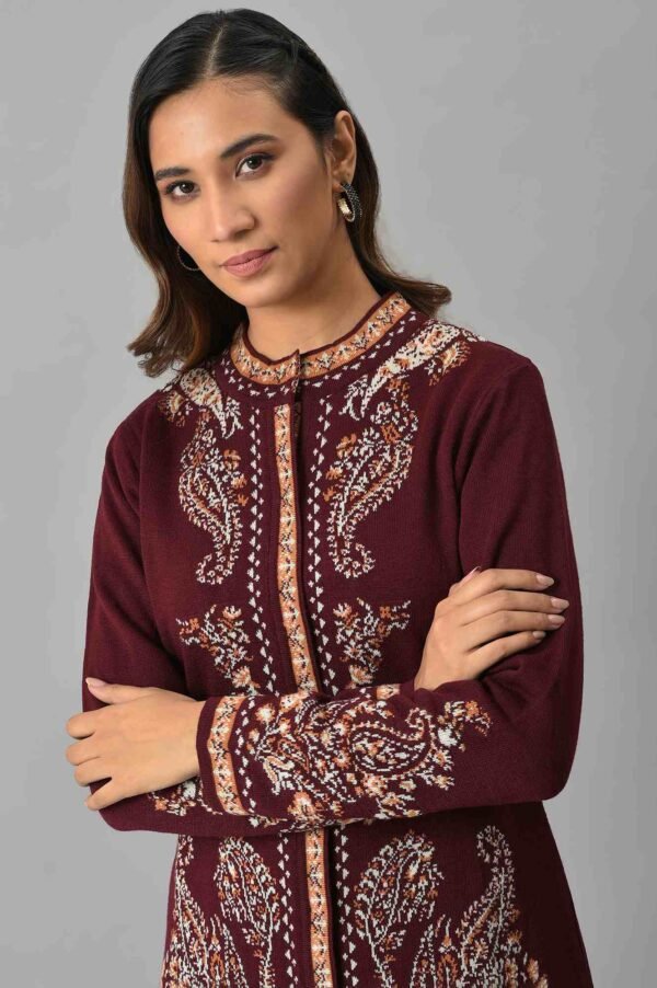 Wine Paisley Printed Short Cardigan - Image 6